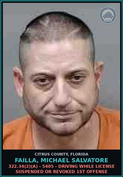 CCW arrest card for FAILLA, MICHAEL SALVATORE in Citrus County: 322.34(2)(A) - 5405 - DRIVING WHILE LICENSE SUSPENDED OR REVOKED 1ST OFFENSE