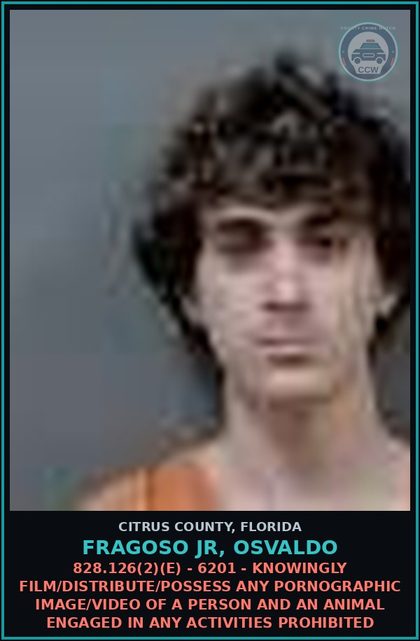 CCW arrest card for Fragoso Jr, Osvaldo in Citrus County: 828.126(2)(E) - 6201 - KNOWINGLY FILM/DISTRIBUTE/POSSESS ANY PORNOGRAPHIC IMAGE/VIDEO OF A PERSON AND AN ANIMAL ENGAGED IN ANY ACTIVITIES PROHIBITED