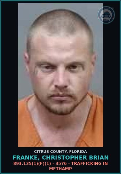 CCW arrest card for Franke, Christopher Brian in Citrus County: 893.135(1)(F)(1) - 3576 - TRAFFICKING IN Methamp
