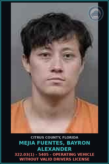 CCW arrest card for Mejia Fuentes, Bayron Alexander in Citrus County: 322.03(1) - 5405 - OPERATING VEHICLE WITHOUT VALID DRIVERS LICENSE