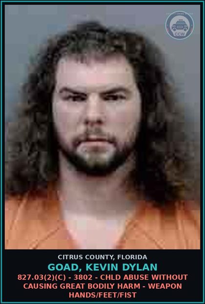 CCW arrest card for GOAD, KEVIN DYLAN in Citrus County: 827.03(2)(C) - 3802 - chld ABUSE WITHOUT CAUSING GREAT BODILY HARM - WEAPON HANDS/FEET/FIST