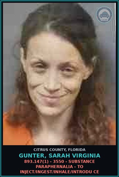 CCW arrest card for Gunter, Sarah Virginia in Citrus County: 893.147(1) - 3550 - DRUG PARAPHERNALIA - TO INJECT/INGEST/INHALE/INTRODU CE