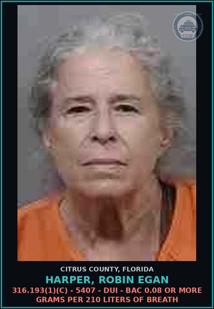 CCW arrest card for HARPER, ROBIN EGAN in Citrus County: 316.193(1)(C) - 5407 - DUI - BAC 0.08 OR MORE GRAMS PER 210 LITERS OF BREATH