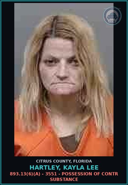 CCW arrest card for Hartley, Kayla Lee in Citrus County: 893.13(6)(A) - 3551 - POSSESSION OF contr substance