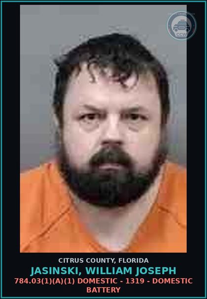 CCW arrest card for JASINSKI, WILLIAM JOSEPH in Citrus County: 784.03(1)(A)(1) DOMESTIC - 1319 - DOMESTIC BATTERY