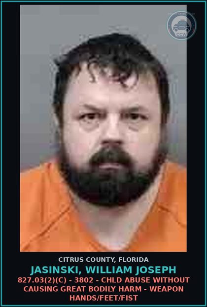 CCW arrest card for JASINSKI, WILLIAM JOSEPH in Citrus County: 827.03(2)(C) - 3802 - chld ABUSE WITHOUT CAUSING GREAT BODILY HARM - WEAPON HANDS/FEET/FIST