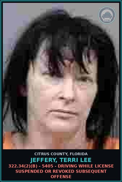 CCW arrest card for JEFFERY, TERRI LEE in Citrus County: 322.34(2)(B) - 5405 - DRIVING WHILE LICENSE SUSPENDED OR REVOKED SUBSEQUENT OFFENSE