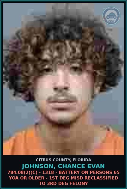 CCW arrest card for JOHNSON, CHANCE EVAN in Citrus County: 784.08(2)(C) - 1318 - BATTERY ON PERSONS 65 YOA OR OLDER - 1ST DEG MISD RECLASSIFIED TO 3RD DEG FELONY