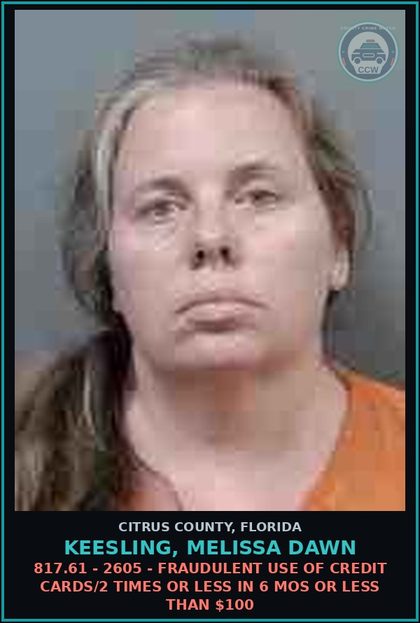 CCW arrest card for KEESLING, MELISSA DAWN in Citrus County: 825.103(3)(C) - 7099 - EXPLOITATION OF ELDERLY PERSON OR DISABLED ADULT UNDER $10,000