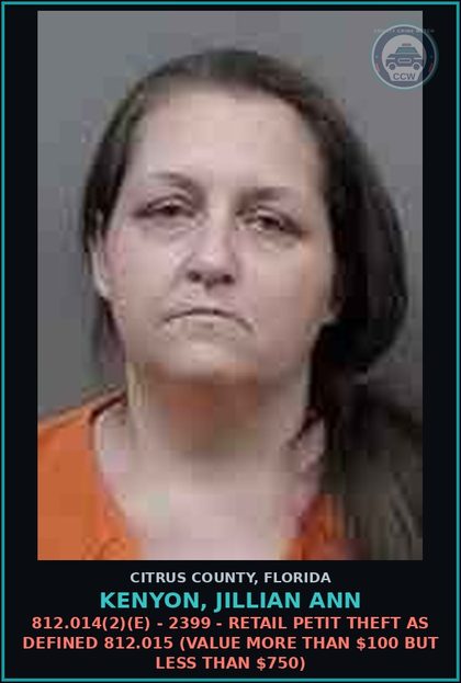 CCW arrest card for KENYON, JILLIAN ANN in Citrus County: 812.014(2)(E) - 2399 - RETAIL PETIT THEFT AS DEFINED 812.015 (Value more than $100 but less than $750)