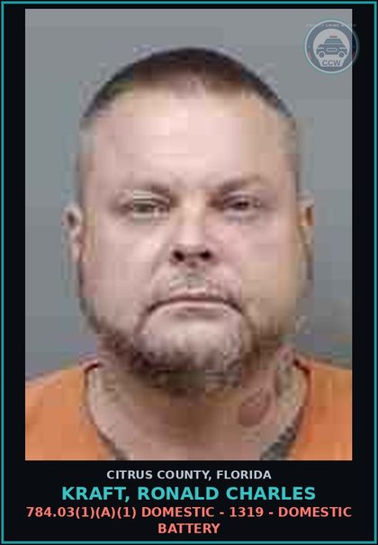 CCW arrest card for KRAFT, RONALD CHARLES in Citrus County: 784.03(1)(A)(1) DOMESTIC - 1319 - DOMESTIC BATTERY
