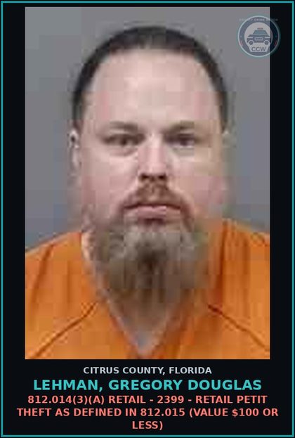 CCW arrest card for LEHMAN, GREGORY DOUGLAS in Citrus County: 812.014(3)(A) RETAIL - 2399 - RETAIL PETIT THEFT AS DEFINED IN 812.015 (VALUE $100 OR LESS)