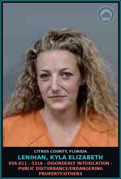 CCW arrest card for LENIHAN, KYLA ELIZABETH in Citrus County: 856.011 - 5316 - DISORDERLY INTOXICATION - PUBLIC DISTURBANCE/ENDANGERING PROPERTY/OTHERS