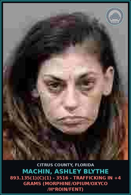 CCW arrest card for MACHIN, ASHLEY BLYTHE in Citrus County: 893.135(1)(C)(1) - 3516 - TRAFFICKING IN +4 GRAMS (MORPHINE/OPIUM/oxyco /HEROIN/Fent)