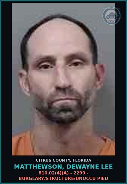 CCW arrest card for Matthewson, Dewayne Lee in Citrus County: 810.02(4)(A) - 2299 - BURGLARY/STRUCTURE/UNOCCU PIED