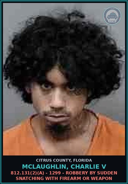 CCW arrest card for MCLAUGHLIN, CHARLIE V in Citrus County: 812.131(2)(A) - 1299 - ROBBERY BY SUDDEN SNATCHING WITH FIREARM OR WEAPON