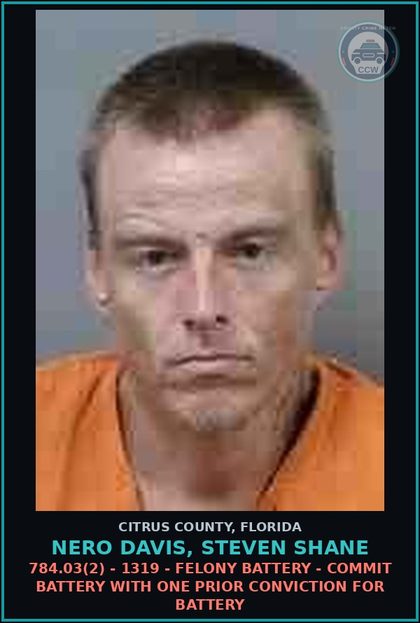 CCW arrest card for NERO DAVIS, STEVEN SHANE in Citrus County: 784.03(2) - 1319 - FELONY BATTERY - COMMIT BATTERY WITH ONE PRIOR CONVICTION FOR BATTERY