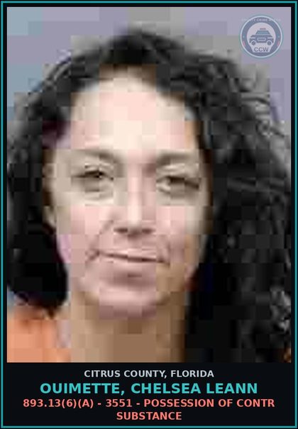 CCW arrest card for OUIMETTE, CHELSEA LEANN in Citrus County: 893.13(6)(A) - 3551 - POSSESSION OF contr substance