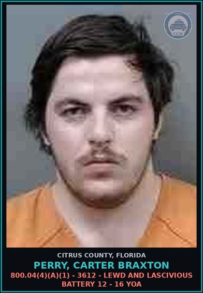 CCW arrest card for PERRY, CARTER BRAXTON in Citrus County: 800.04(4)(A)(1) - 3612 - LEWD AND LASCIVIOUS BATTERY 12 - 16 YOA