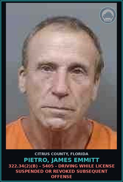 CCW arrest card for Pietro, James Emmitt in Citrus County: 322.34(2)(B) - 5405 - DRIVING WHILE LICENSE SUSPENDED OR REVOKED SUBSEQUENT OFFENSE