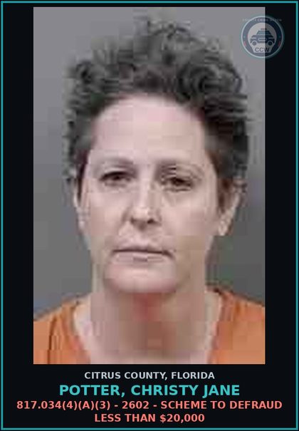 CCW arrest card for POTTER, CHRISTY JANE in Citrus County: 817.034(4)(A)(3) - 2602 - SCHEME TO DEFRAUD LESS THAN $20,000