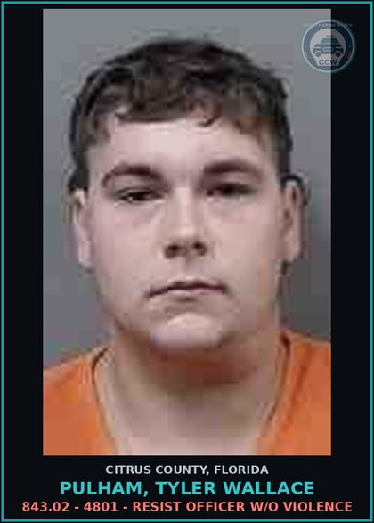 CCW arrest card for PULHAM, TYLER WALLACE in Citrus County: 843.02 - 4801 - RESIST OFFICER W/O VIOLENCE