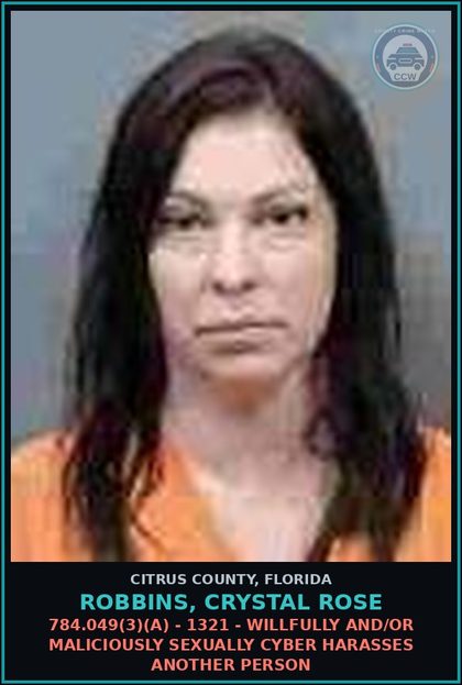 CCW arrest card for Robbins, Crystal Rose in Citrus County: 784.049(3)(A) - 1321 - WILLFULLY AND/OR MALICIOUSLY SEXUALLY CYBER HARASSES ANOTHER PERSON
