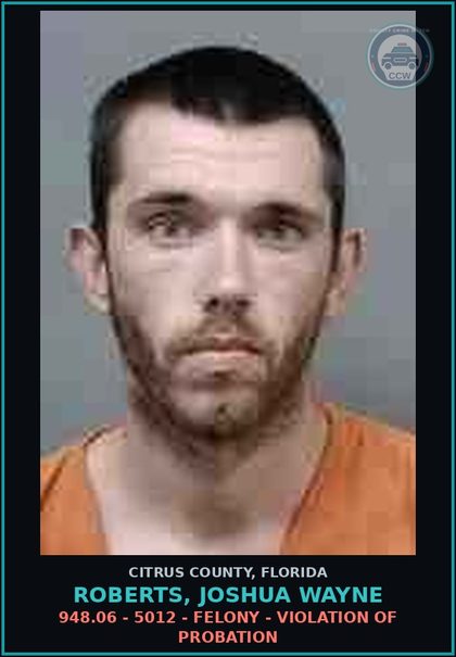 CCW arrest card for ROBERTS, JOSHUA WAYNE in Citrus County: 948.06 - 5012 - FELONY - VIOLATION OF PROBATION