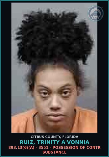 CCW arrest card for RUIZ, TRINITY A'VONNIA in Citrus County: 893.13(6)(A) - 3551 - POSSESSION OF contr substance