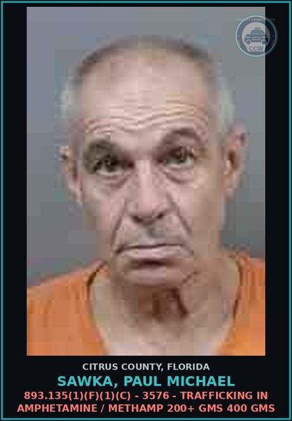 CCW arrest card for Sawka, Paul Michael in Citrus County: 893.135(1)(F)(1)(C) - 3576 - TRAFFICKING IN AMPHETAMINE / Methamp 200+ GMS 400 GMS