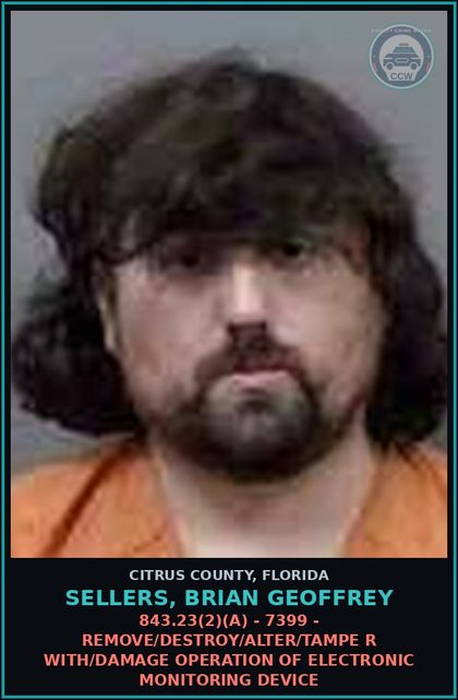 CCW arrest card for Sellers, Brian Geoffrey in Citrus County: 843.23(2)(A) - 7399 - REMOVE/DESTROY/ALTER/TAMPE R WITH/DAMAGE OPERATION OF ELECTRONIC MONITORING DEVICE