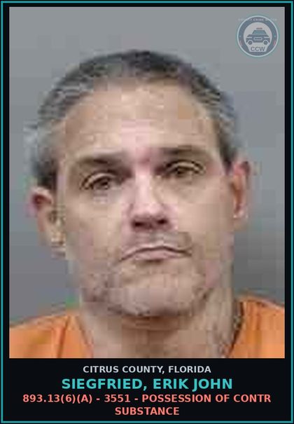 CCW arrest card for Siegfried, Erik John in Citrus County: 893.13(6)(A) - 3551 - POSSESSION OF contr substance