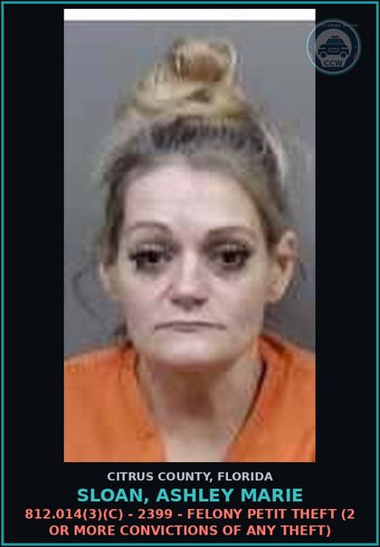 CCW arrest card for Sloan, Ashley Marie in Citrus County: 812.014(3)(C) - 2399 - FELONY PETIT THEFT (2 OR MORE CONVICTIONS OF ANY THEFT)