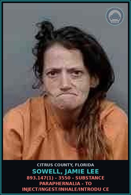 CCW arrest card for SOWELL, JAMIE LEE in Citrus County: 893.147(1) - 3550 - DRUG PARAPHERNALIA - TO INJECT/INGEST/INHALE/INTRODU CE