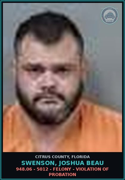 CCW arrest card for SWENSON, JOSHUA BEAU in Citrus County: 948.06 - 5012 - FELONY - VIOLATION OF PROBATION