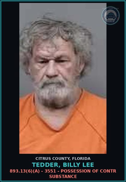 CCW arrest card for TEDDER, BILLY LEE in Citrus County: 893.13(6)(A) - 3551 - POSSESSION OF contr substance
