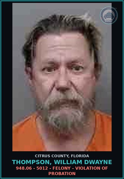 CCW arrest card for THOMPSON, WILLIAM DWAYNE in Citrus County: 948.06 - 5012 - FELONY - VIOLATION OF PROBATION