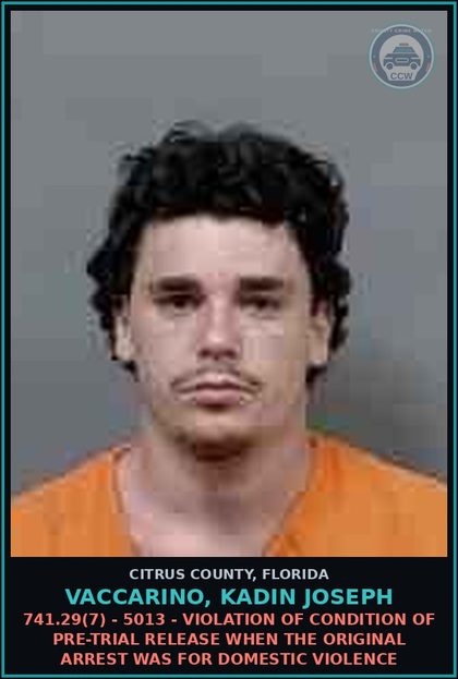 CCW arrest card for VACCARINO, KADIN JOSEPH in Citrus County: 741.29(7) - 5013 - VIOLATION OF CONDITION OF PRE-TRIAL RELEASE WHEN THE ORIGINAL ARREST WAS FOR DOMESTIC VIOLENCE