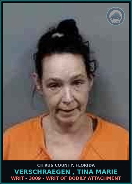 CCW arrest card for VERSCHRAEGEN , TINA MARIE in Citrus County: WRIT - 3809 - WRIT OF BODILY ATTACHMENT