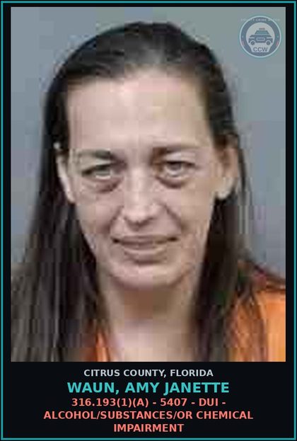 CCW arrest card for Waun, Amy Janette in Citrus County: 316.193(1)(A) - 5407 - DUI - ALCOHOL/DRUGS/OR CHEMICAL IMPAIRMENT