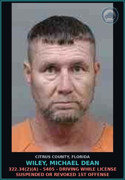 CCW arrest card for WILEY, MICHAEL DEAN in Citrus County: 322.34(2)(A) - 5405 - DRIVING WHILE LICENSE SUSPENDED OR REVOKED 1ST OFFENSE