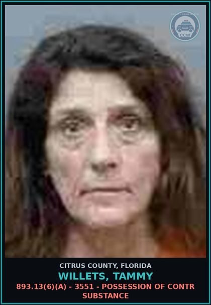 CCW arrest card for Willets, Tammy in Citrus County: 893.13(6)(A) - 3551 - POSSESSION OF contr substance