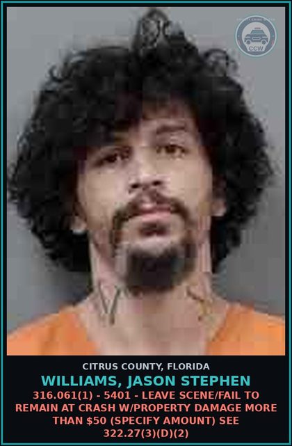 CCW arrest card for WILLIAMS, JASON STEPHEN in Citrus County: 316.061(1) - 5401 - LEAVE SCENE/FAIL TO REMAIN AT CRASH W/PROPERTY DAMAGE MORE THAN $50 (SPECIFY AMOUNT) SEE 322.27(3)(D)(2)