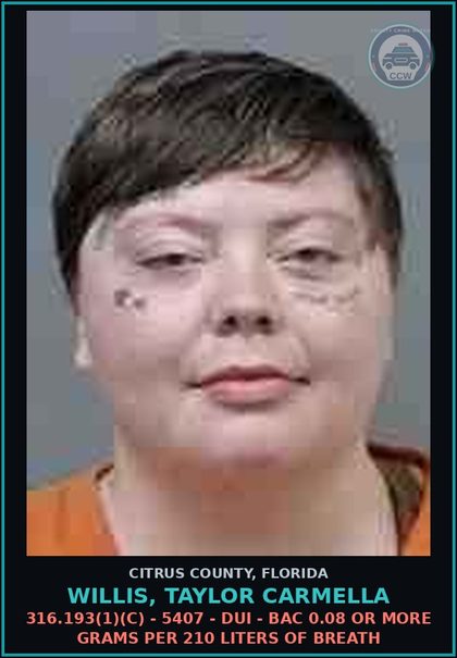 CCW arrest card for WILLIS, TAYLOR CARMELLA in Citrus County: 316.193(1)(C) - 5407 - DUI - BAC 0.08 OR MORE GRAMS PER 210 LITERS OF BREATH