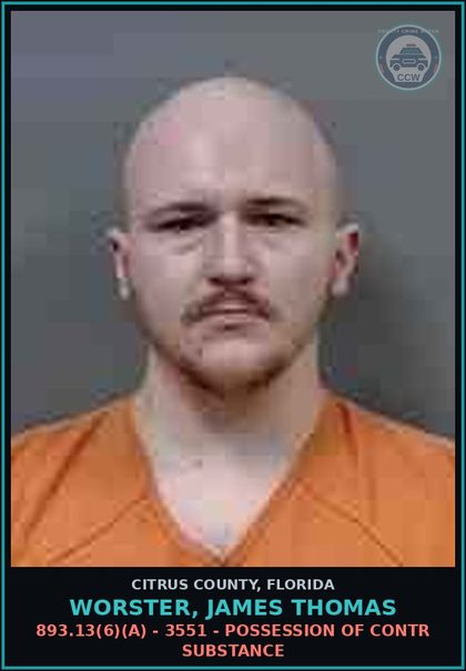 CCW arrest card for WORSTER, JAMES THOMAS in Citrus County: 893.13(6)(A) - 3551 - POSSESSION OF contr substance