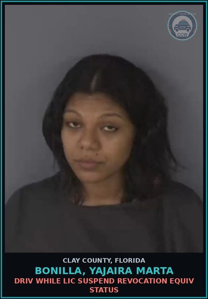 CCW arrest card for BONILLA, YAJAIRA MARTA in Clay County: DRIV WHILE LIC SUSPEND REVOCATION EQUIV STATUS