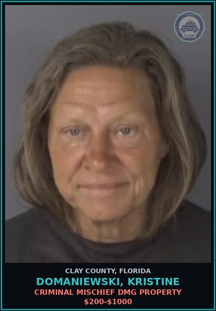 CCW arrest card for DOMANIEWSKI, KRISTINE in Clay County: CRIMINAL MISCHIEF DMG PROPERTY $200-$1000