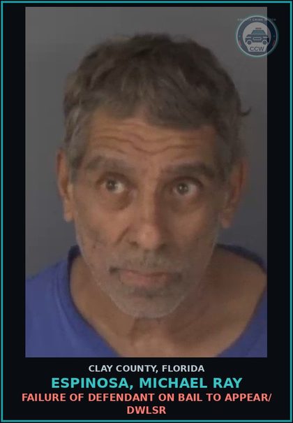 CCW arrest card for ESPINOSA, MICHAEL RAY in Clay County: FAILURE OF DEFENDANT ON BAIL TO APPEAR/ DWLSR