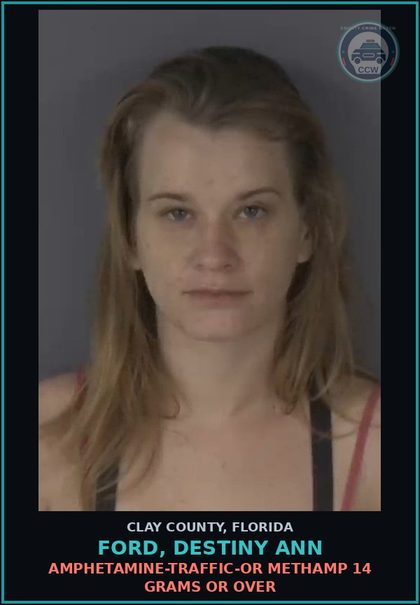 CCW arrest card for FORD, DESTINY ANN in Clay County: AMPHETAMINE-TRAFFIC-OR Methamp 14 GRAMS OR OVER