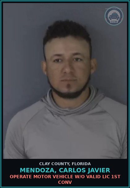 CCW arrest card for MENDOZA, CARLOS JAVIER in Clay County: OPERATE MOTOR VEHICLE W/O VALID LIC 1ST CONV